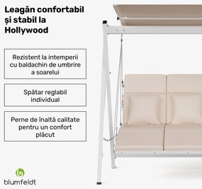 Leagăn hollywoodian FlexiSwing cu 3 locuri, spătar reglabil + copertină solară, rezistent la intemperii.