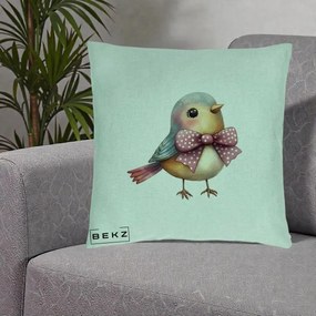 Perna Decorativa Pasare Bleu cu Fundita Roz, 40x40 cm, Verde Menta, Husa Detasabila, Perna Inclusa, BEKZ®