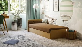 Pat galben ocru/maro tapițat/din placă aglomerată de lemn cu spațiu de depozitare cu saltea 80x190 cm Parys – ELTAP