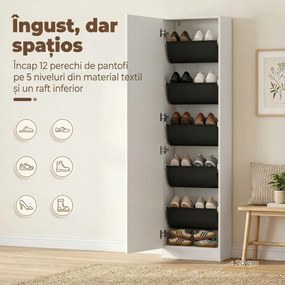 HOMCOM Dulap pentru Pantofi cu Oglindă, Uși Reversibile cu 5 Rafturi din Material Textil, 50 x 20 x 180 cm, Alb | Aosom Romania