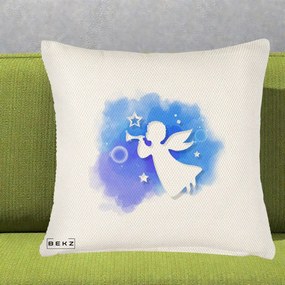 Perna Decorativa Inger cu Trompeta Albastru, 40x40 cm, Crem Reliefat, Husa Detasabila, Perna Inclusa, BEKZ®