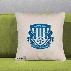 Perna Personalizata FC Politehnica Iasi Fotbal, 40x40 cm, Bej Canapea, Husa Detasabila, Perna Inclusa, BEKZ®