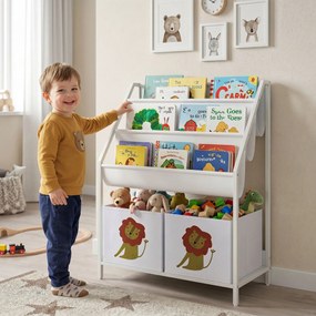 AIYAPLAY Bibliotecă Montessori pentru Copii 3-8 Ani cu 4 Rafturi și 2 Cutii cu Imprimeu Leu, Alb | Aosom Romania