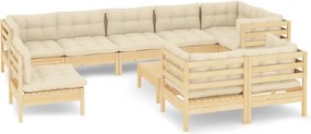 vidaXL Set mobilier grădină cu perne crem, 10 piese, lemn masiv de pin