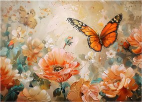 Tablou pe sticlă - Fluture și flori, pictură în ulei (70x50 cm)