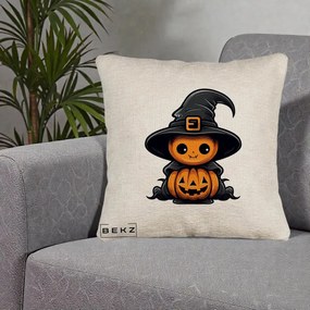 Perna Decorativa Halloween Dovleac Vrajitor Kawaii, 40x40 cm, Bej Canapea, Husa Detasabila, Perna Inclusa, BEKZ®