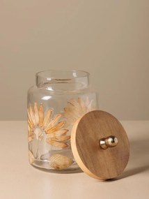 Borcan din sticla, cu capac din lemn de mango, design petale presate, H14cm, Aster