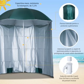 Outsunny Umbrelă de Plajă și Grădină cu Perdea Parasolară, Poliester și Metal, Φ220cm, Verde Închis | Aosom Romania
