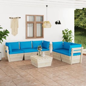 Set mobilier gradina din paleti, cu perne, 6 piese, lemn molid Albastru deschis, 4x colt + mijloc + masa, 1