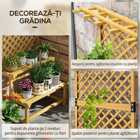 Outsunny Suport pentru plante, raft pentru flori, 2 niveluri, cu spalier și acoperiș, lemn de brad, 75x50x166cm, galben | Aosom Romania