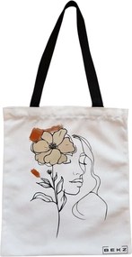 Sacosa de Panza pentru Cumparaturi, Geanta Tote, Flower Lady 5, Cu fermoar, 38x34.5 cm, Alba, BEKZ®
