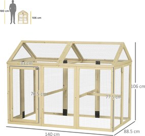PawHut Adăpost pentru Găini de Exterior din Lemn, Cușcă cu Uși Multiple și Plasă Metalică, 140x88.5x106 cm, culoare Lemn | Aosom Romania