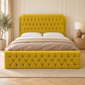 Pat tapițat Chesterfield din catifea Aveline Deluxe 160×200 cm, galben muștar, cu ladă de depozitare