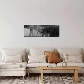 Tablou cu elefanți - albnegru (cu ceas) (90x30 cm)