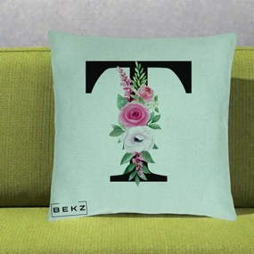 Cadou Personalizat - Perna Personalizata Monograma Florala Litera T, 40x40 cm, Verde Menta, Husa Detasabila, Perna Inclusa, BEKZ®