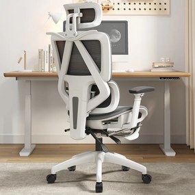 Scaun ergonomic, suport lombar dinamic, tetieră 3D, cotiere 3D, umeras, suport picioare, Mesh, Alb/Gri