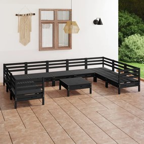 3083543 vidaXL Set mobilier relexare grădină, 10 piese, negru, lemn masiv pin