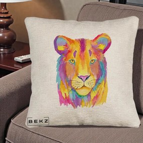 Perna Decorativa Leu Acuarela Curcubeu, 40x40 cm, Bej Canapea, Husa Detasabila, Perna Inclusa, BEKZ®