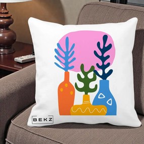 Perna Decorativa Vaze Botanice Abstract, 40x40 cm, Alba Mata, Husa Detasabila, Perna Inclusa, BEKZ®