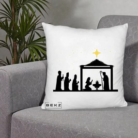 Perna Decorativa Nasterea Pruncului Silueta Neagra si Stea Aurie, 40x40 cm, Alb Pufos, Husa Detasabila, Perna Inclusa, BEKZ®