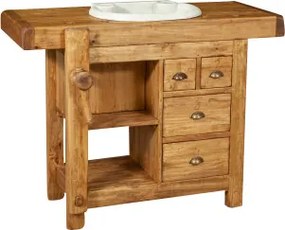 Mobilier de baie, L116 63 H90 cm, 4 sertare, natur, lemn masiv, chiuveta din marmura