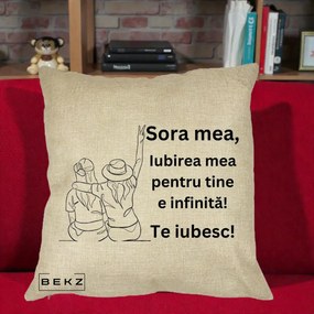 Cadou pentru Sora - Perna Personalizata Sora Mea Te Iubesc Line Art Portrete Colorate, 40x40 cm, Crem, Husa Detasabila, Perna Inclusa, BEKZ®