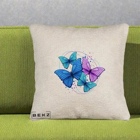 Perna Decorativa Patru Fluturi Turcoaz-Violet, 40x40 cm, Bej Canapea, Husa Detasabila, Perna Inclusa, BEKZ®