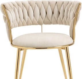 Set de 2 scaune de dining din catifea moale, stil modern cu spătar împletit și brațe, Alb