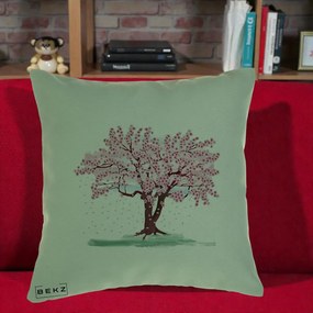 Perna Decorativa Cires Inflorit Acuarela, 40x40 cm, Verde, Husa Detasabila, Perna Inclusa, BEKZ®