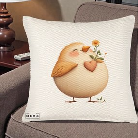 Perna Decorativa Pui cu Inima si Floarea-Soarelui, 40x40 cm, Crem Reliefat, Husa Detasabila, Perna Inclusa, BEKZ®