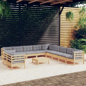 3096928 vidaXL Set mobilier grădină cu perne, 12 piese, gri, lemn masiv pin