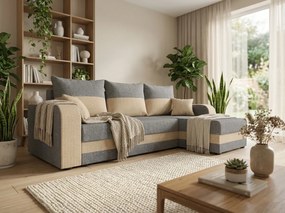 OFERTA Canapea extensibila reversibila in forma de L VALERIO 238x140 cm, gri deschis/bej + 2 perne CADOU a doua calitate