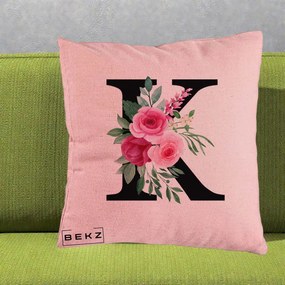 Cadou Personalizat - Perna Personalizata Monograma Florala Litera K, 40x40 cm, Roz, Husa Detasabila, Perna Inclusa, BEKZ®