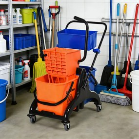 HOMCOM Cărucior Profesional de Curățenie cu 2 Găleți de 26L, Cărucior cu Presă, Mâner și 4 Roți Universale, pentru Hotel, Casă, Birou, 78x45x95 cm, Portocaliu și Albastru | Aosom Romania
