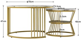 Set de 2 Măsuțe de Cafea Moderne, din MDF cu Finisaj Efect de Marmură și Structură Metalică Aurie, 70x70x47 cm și 45x45x40 cm, Alb