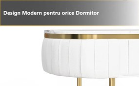 SEA75 - Set Masa toaleta, 100 cm, cosmetica, masa machiaj cu oglinda, masuta vanity cu scaun - Alb-Auriu