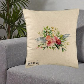 Perna Decorativa Buchet Flori Acuarela Roz-Verde, 40x40 cm, Bej, Husa Detasabila, Perna Inclusa, BEKZ®