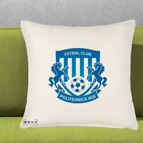 Perna Personalizata FC Politehnica Iasi Fotbal, 40x40 cm, Crem Reliefat, Husa Detasabila, Perna Inclusa, BEKZ®
