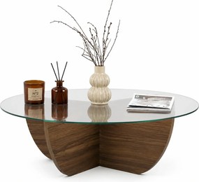 Masuta cafea LIYA, nuc/transparent, sticla/PAL, 90x90x30 cm