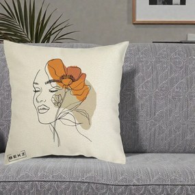 Perna Decorativa Portret Feminin Mac Mare Portocaliu, 40x40 cm, Ecru, Husa Detasabila, Perna Inclusa, BEKZ®