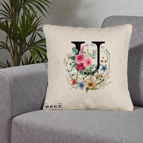 Cadou Personalizat - Perna Personalizata Monogram Litera U cu Flori Acuarela, 40x40 cm, Bej Canapea, Husa Detasabila, Perna Inclusa, BEKZ®