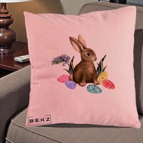 Perna Decorativa Iepuras cu Oua de Pasti Acuarela, 40x40 cm, Roz, Husa Detasabila, Perna Inclusa, BEKZ®