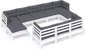 vidaXL Set mobilier de grădină cu perne, 10 piese, alb lemn masiv pin