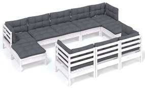 3097140 vidaXL Set mobilier de grădină cu perne, 10 piese, alb lemn masiv pin