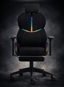 LUMINA X-Motion Pro –Scaun Gaming & Office Premium cu LED RGB, Masaj Lombar, Translatie Sezut și Suport pentru Picioare – Confort Inteligent și Design Spectaculos, Textil, Negru