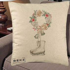 Perna Decorativa Patine cu Coroana Florala de Craciun, 40x40 cm, Bej, Husa Detasabila, Perna Inclusa, BEKZ®