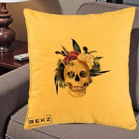 Perna Decorativa Craniu Floral cu Trandafiri si Ciuperci, 40x40 cm, Galben, Husa Detasabila, Perna Inclusa, BEKZ®