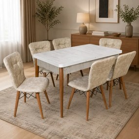 Set masa extensibila cu 6 scaune tapitate Homs cristal alb-bej 170 x 80 cm