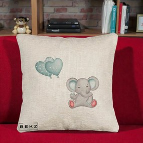 Perna Decorativa Canapea, Model Elefant si baloane in forma de inimioare, 40x40 cm, Bej Canapea, Husa Detasabila, Perna Inclusa, BEKZ®