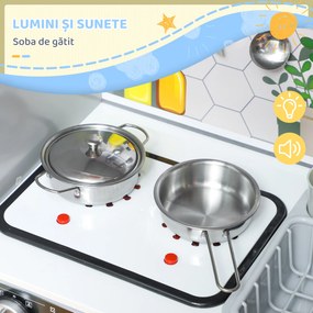 AIYAPLAY Set de Bucătărie de Jucărie din Lemn cu Aragaz cu Lumini și Sunete, Chiuvetă cu Circulație a Apei și Accesorii, Alb | Aosom Romania
